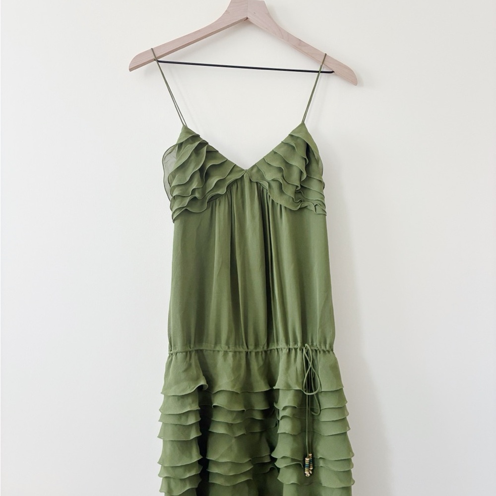 Vivienne Tam 2000s chartreuse silk ruffled drop waist mini dress